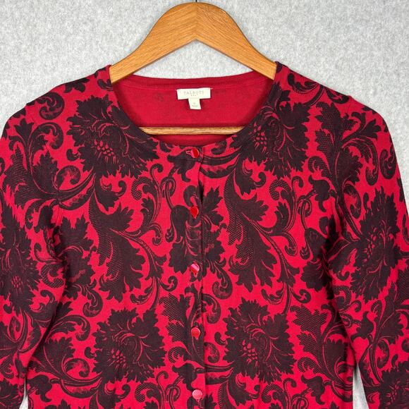 Talbots Cardigan Sweater Womens Small Red Black Paisley Career Church Classic - Picture 2 of 10